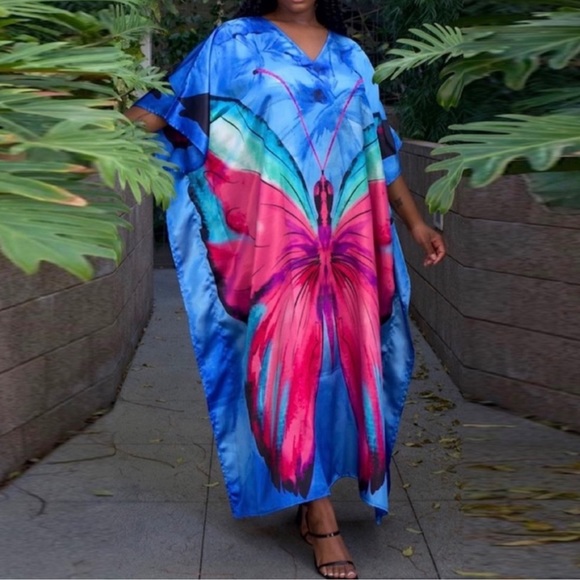 Winlar Other - CARESS BLUE PINK BUTTERFLY MIX S-4XL LOUNGE COVERUP ROBE CAFTAN DRESS KA…